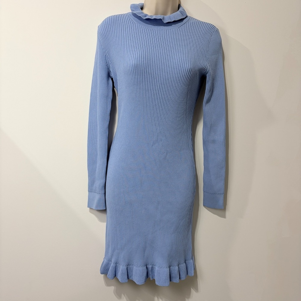 J. CREW Sz S Supersculpt Ruffleneck‎ Mini Sweater Dress Blue Preppy Capsule